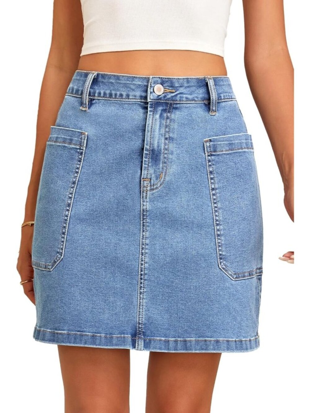 Women's Blue Cargo Pocket Straight Casual Knee Length High Waisted Denim Skirt